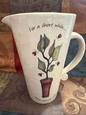 White Ceramic Pitcher with Botanical & Ladybug Design